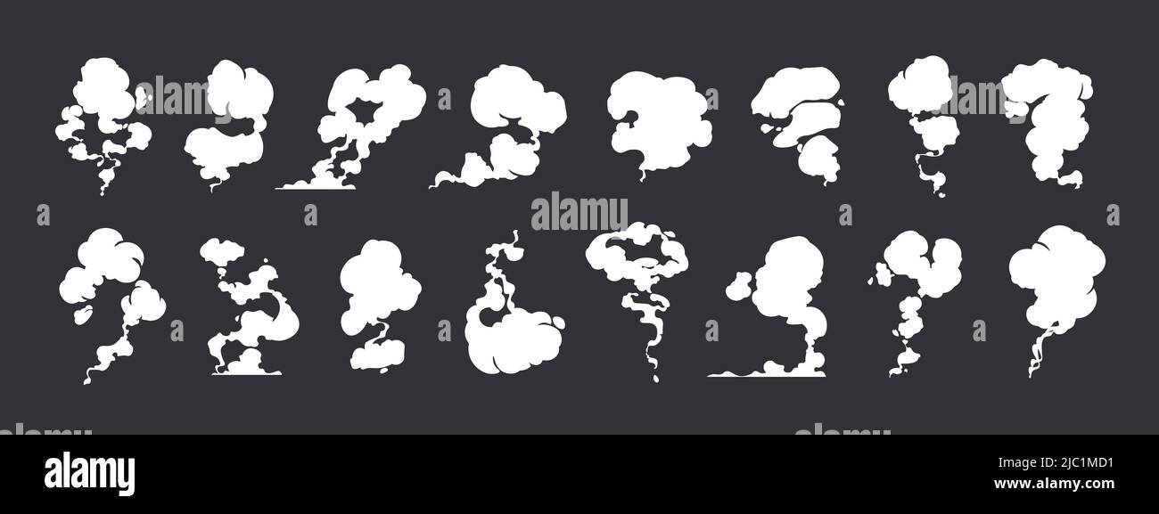 Komischer Staubeffekt. Cartoon Rauch und Dampf Trails Sprite Animation, Wolke Rauch und Puff Motion Spiel Asset. Vector Kaffeedampf und Explosion Stock Vektor
