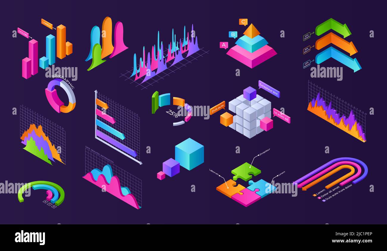 Dunkles isometrisches Diagramm. 3D Finanzpräsentation Layout mit Grafiken Diagramme Diagramme und Fortschrittsbalken der Volumenzahlen. Vektorgrafik zur Geschäftsanalyse Stock Vektor