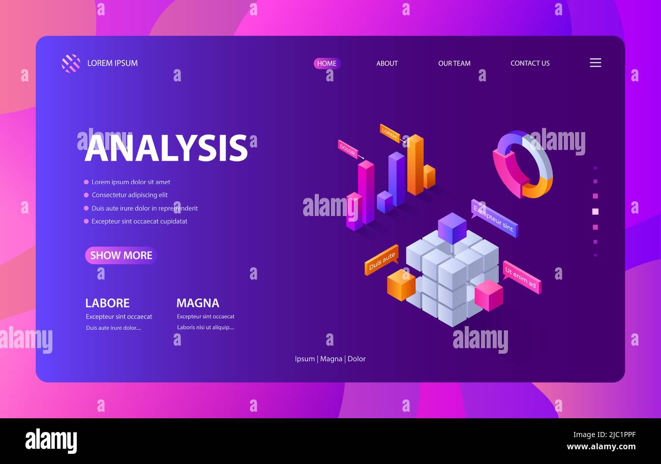 Isometrische Infografik der Landung. 3D Datenstatistik und Geschäftsdiagramm Website Layout Vorlage, finanzielle Darstellung grafisches Element. Vektor Stock Vektor