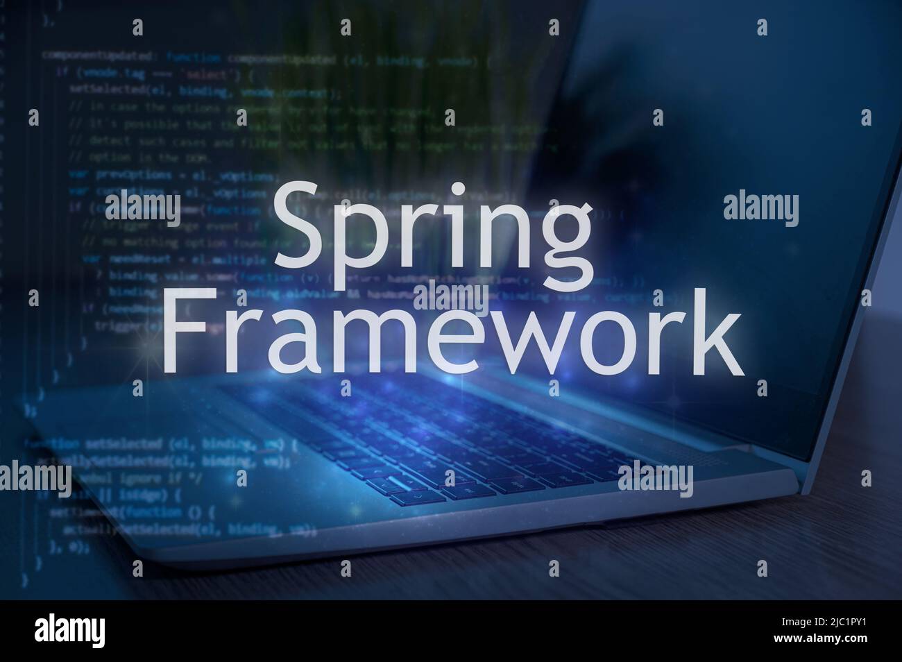 Feder Rahmen Inschrift gegen Laptop und Code-Hintergrund. Technologiekonzept. Stockfoto