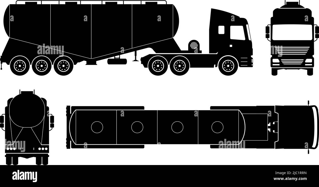 Dry Bulk Tanker Anhänger LKW Silhouette auf weißem Hintergrund. Monochrome Fahrzeugsymbole stellen die Ansicht von der Seite, vorne, hinten und oben ein Stock Vektor