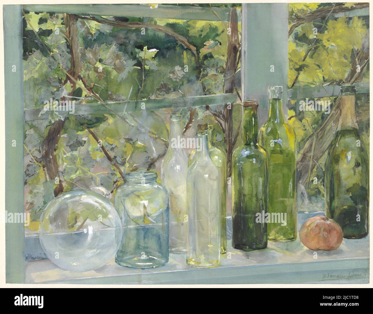 Fensterbank mit Flaschen, einem Glaskugel und einem Apfel, Zeichner: Menso Kamerlingh Onnes, (auf Objekt erwähnt), c. 1892, Papier, Pinsel, H 507 mm × B 656 mm Stockfoto