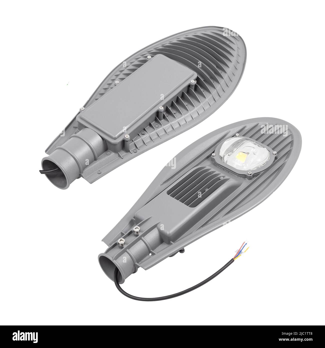 LED-Lampe für Straßenbeleuchtung isoliert auf weißem Hintergrund. Outdoor-LED-Beleuchtung für die Montage auf Stützen, Masten, Masten, Masten. Stockfoto