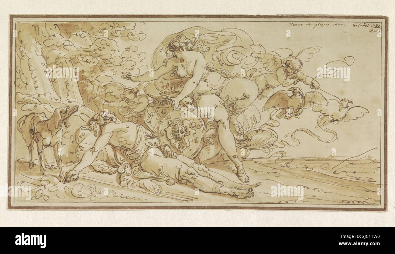 Venus beklagt den Tod von Adoni, Zeichner: Giuseppe Cades, Rom, 1780, Papier, Stift, Bürste, H 207 mm × B 402 mm Stockfoto