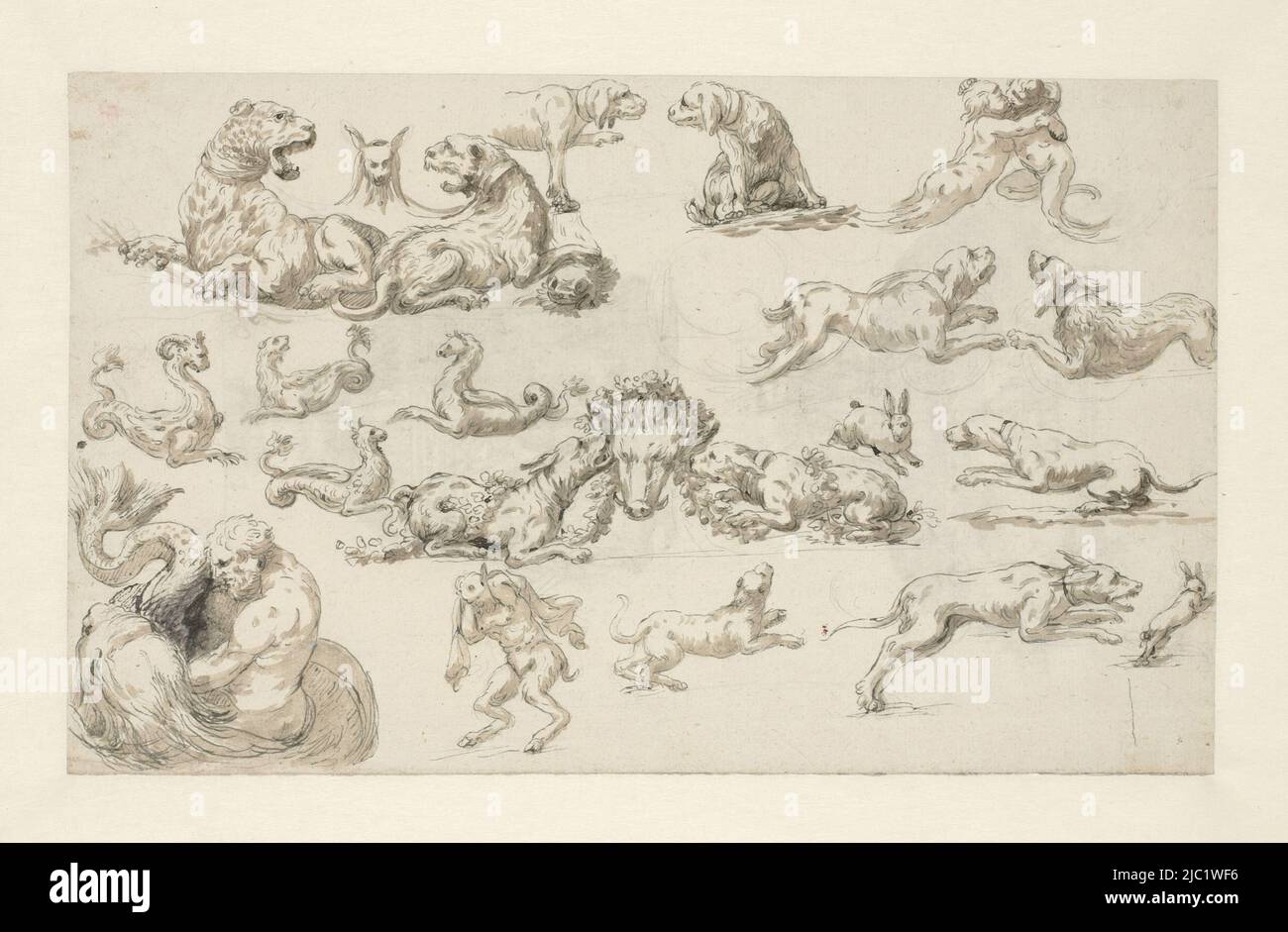 Es folgten Studien zu Motiven aus einer Serie von Drucken von Stefano della Bella von etwa 1640-1650: Frises, Feuillagen und Grotesken (Alexandre de Vesme und Phyllis Dearborn Massar, Stefano della Bella, 1971, Nr. 979-985), Studien von Tieren und Halbgeschöpfen., Zeichner: Anonym, Stefano della Bella, Italien, c. 1765 - c. 1780, Papier, Stift, Pinsel, H 244 mm × B 399 mm Stockfoto