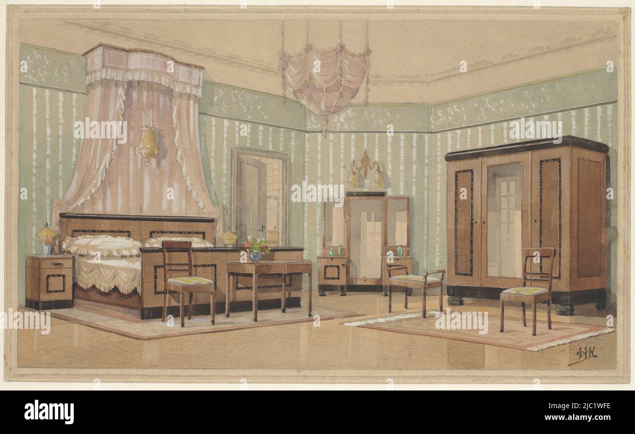 Schlafzimmer mit heller Krone im Betthimmel, Zeichner: Monogrammist HK (Nederland, 20.e eeuw), (vom Künstler signiert), Amsterdam, (möglicherweise), c. 1925, Papier, Pinsel, H 266 mm × B 444 mm Stockfoto