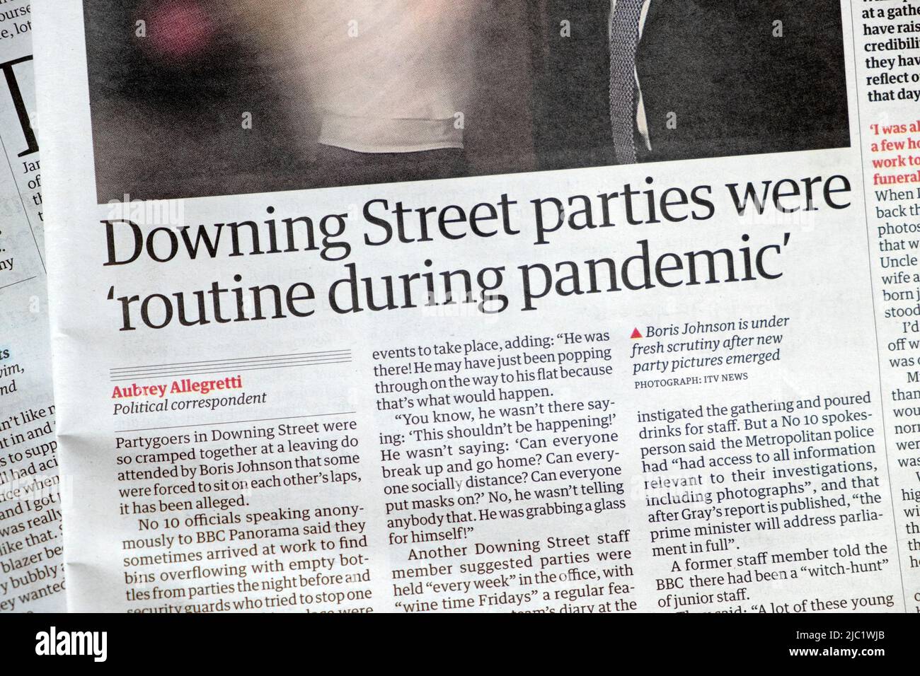 Boris Johnson „Downing Street Parties“ waren „Routine während der Pandemie“ Guardian Zeitung Stockfoto