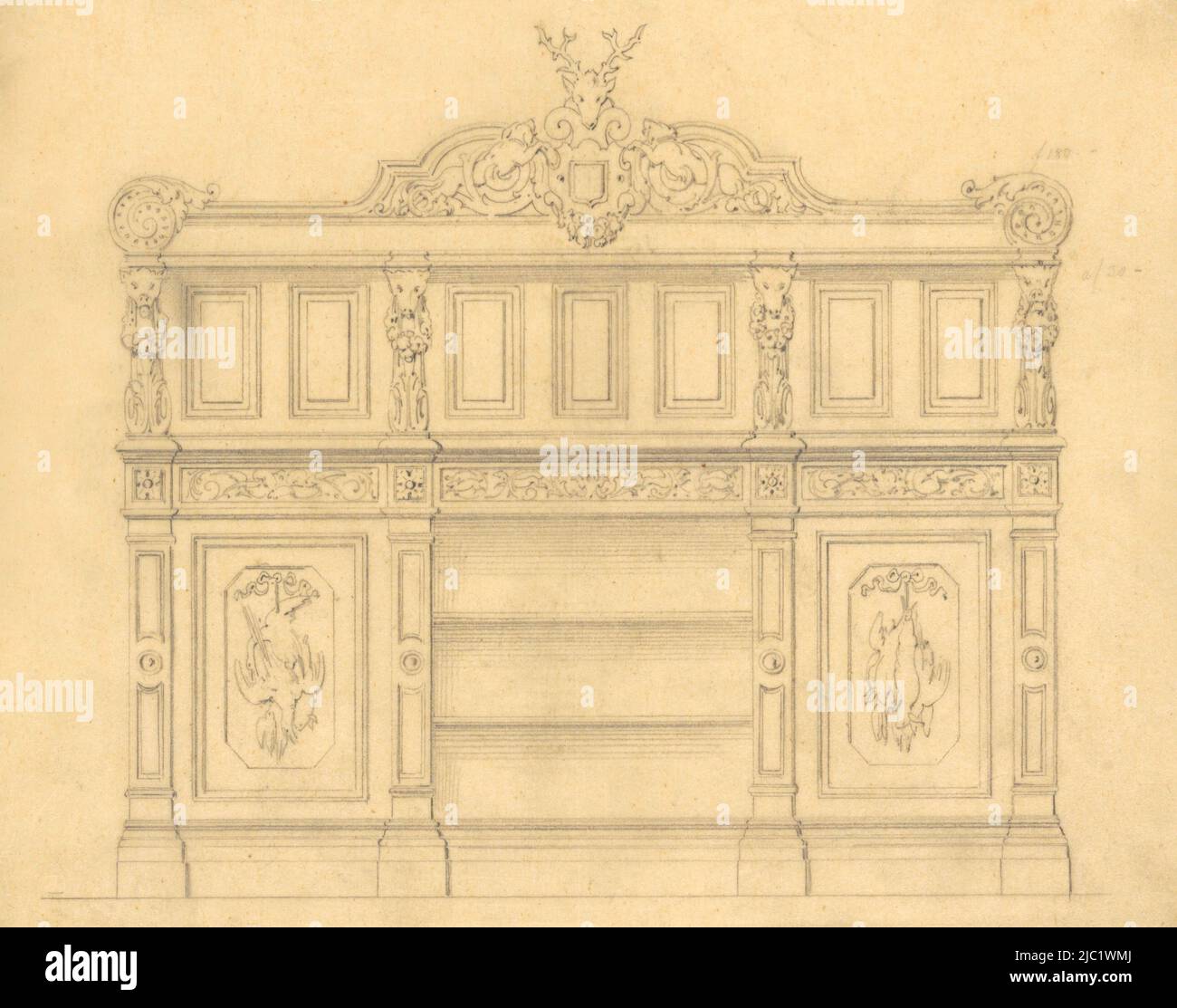 Buffet mit Jagdmotiven im Renaissancestil, Zeichner: Franz Jakob Kreuter, (Werkstatt von), München, c. 1835 - c. 1860, Tastung, H 194 mm × B 256 mm Stockfoto