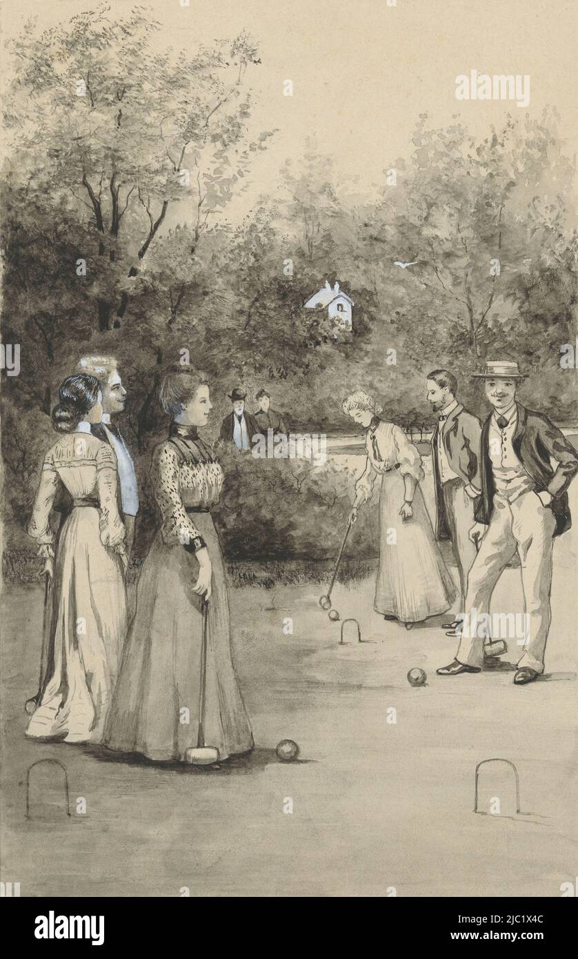 Drei junge Männer und drei Frauen spielen Krocket auf einem Rasen. Im Hintergrund kommen ein älterer Mann und eine ältere Frau zum Laufen., Männer und Frauen spielen Krocket, Zeichnerin: Anna Maria Kruijff, in oder vor 1905, Papier, Pinsel, H 224 mm × B 145 mm Stockfoto