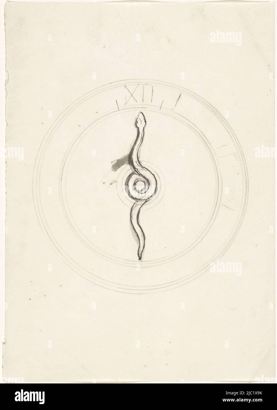 Entwurf für ein Zifferblatt mit den Ziffern XII und I, mit den Händen in der Form einer Röhre., Entwurf für ein Zifferblatt, Zeichner: Giuseppe Valadier, (Werkstatt von), Rom, c. 1800, Papier, Stift, H 269 mm × B 193 mm Stockfoto