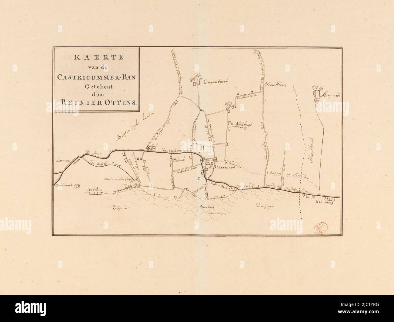 Manuskriptkarte der banne (rechts) Castricum mit Titel oben links, Karte der banne Castricum Kaert des Castricummer-Bans gezeichnet von Reinier Ottens., Zeichner: Reinier Ottens (I), (Objektbezeichnung), Zeichner: Reinier Ottens (II), (Objektbezeichnung), Amsterdam, 1708 - 1793, Papier, Stift, H 216 mm × B 330 mm Stockfoto