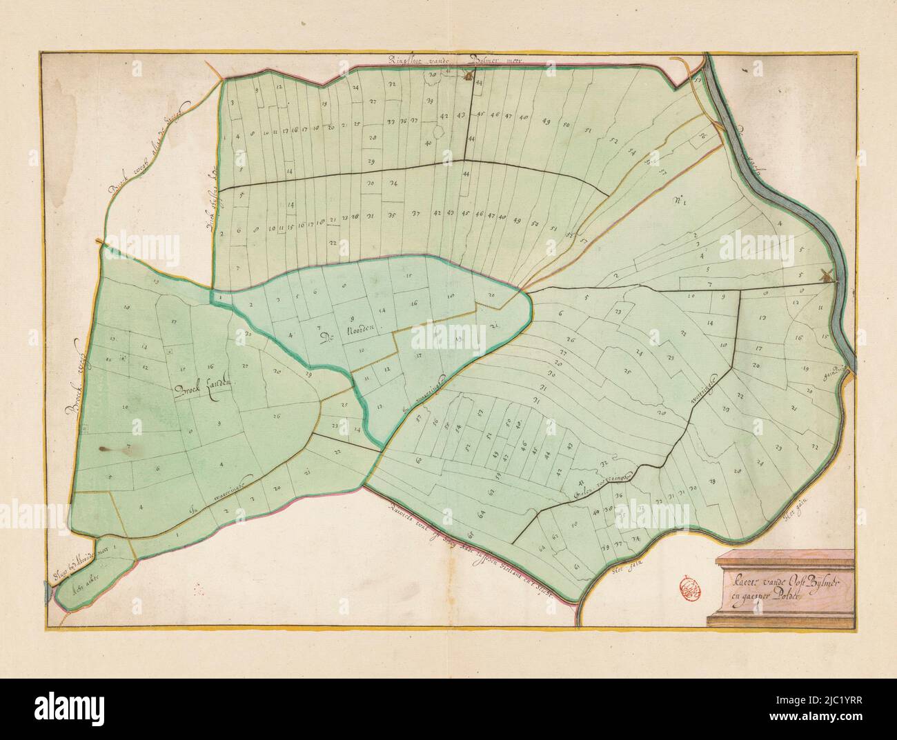 Manuskriptkarte von Oost Bijlmer und Gein en Gaasperpolder. Unten rechts der Titel, Karte des Oost Bijlmer en Gein en Gaasperpolder Kaerte vande Oost Bijlmer en gaesper Polder., Zeichner: Anonym, 1650 - 1750, Papier, Pinsel, Stift, H 410 mm × B 577 mm Stockfoto