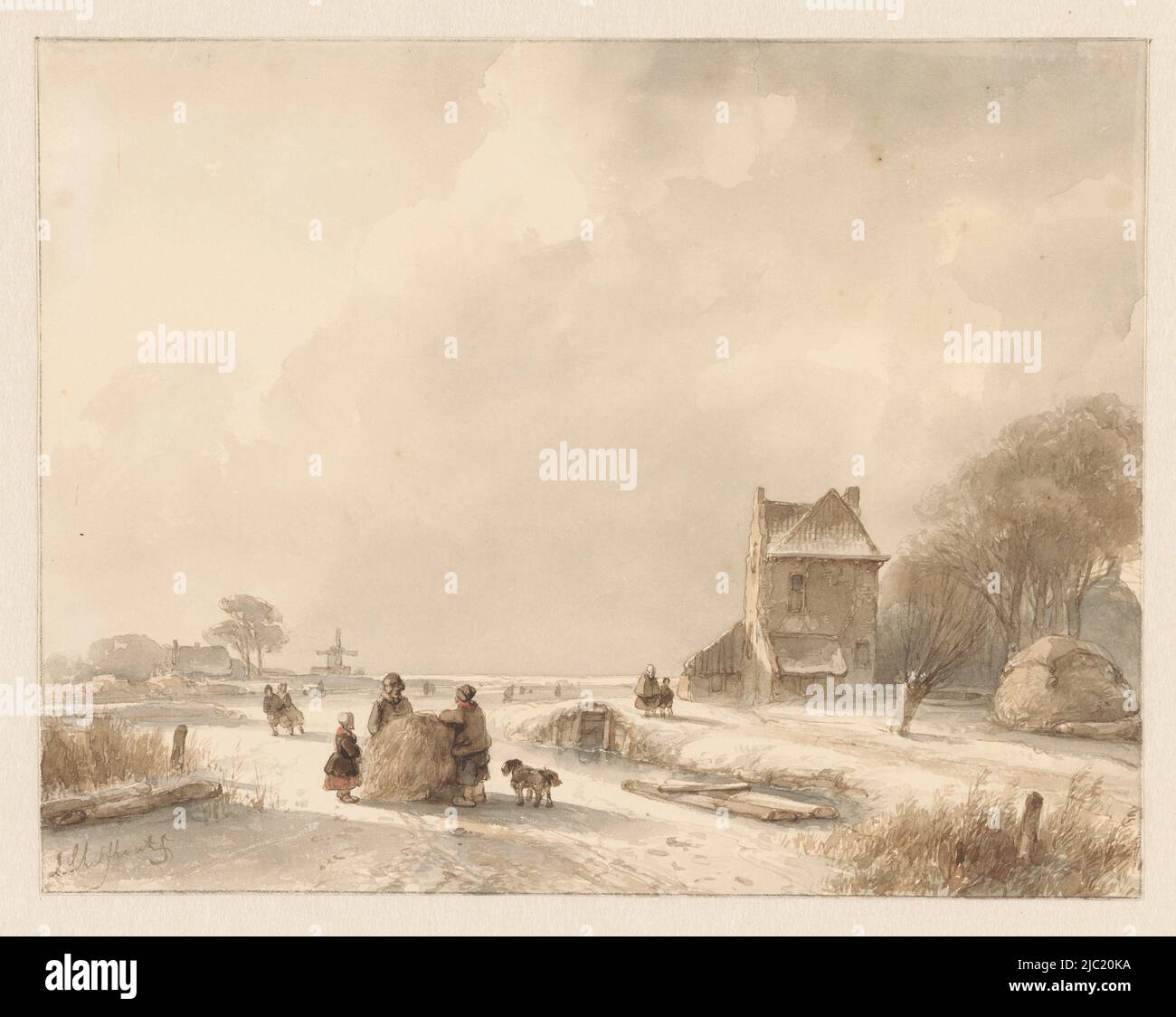 Winterlandschaft mit Heuschlitten und Skater, Zeichner: Andreas Schelfhout, 1797 - 1870, Papier, Pinsel, Stift, H 180 mm × B 232 mm Stockfoto