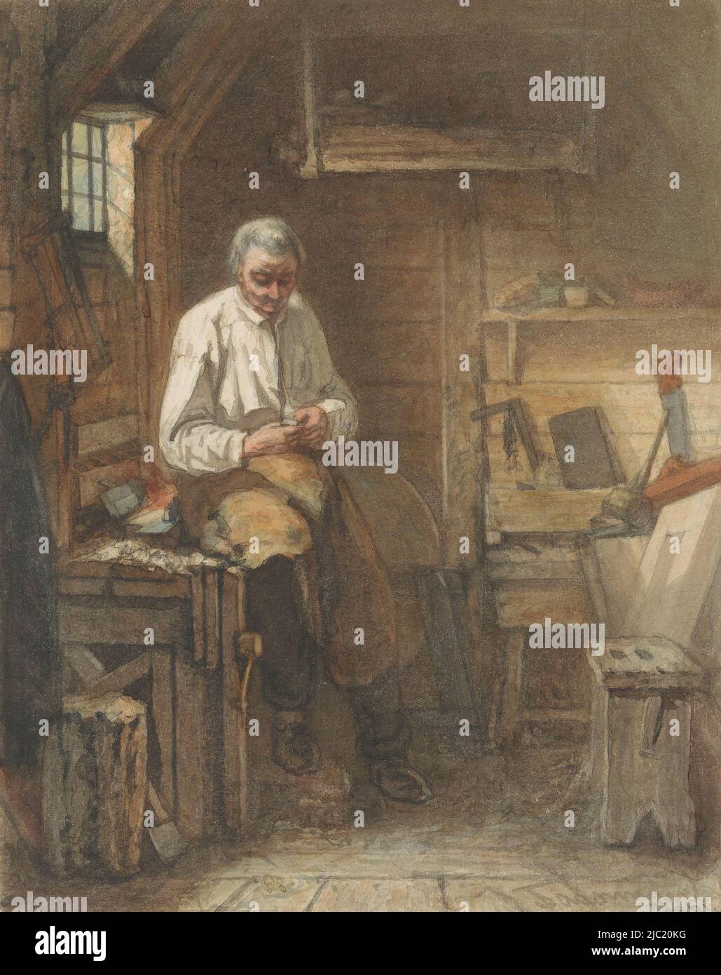 Zimmermann auf einer Hobelbank in seiner Werkstatt, Zeichner: Jacob Taanman, 1861, Papier, Pinsel, H 218 mm × B 173 mm Stockfoto