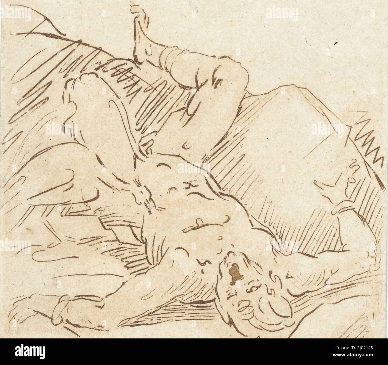 Prometheus ist an einen Felsen gekettet und ein Adler nimmt seine Leber heraus. Prometheus erhielt diese Strafe von Jupiter, weil er das Feuer von den Göttern Stahl und es dem Volk gab, Prometheus in Ketten., Druckerei: Anthonie van den Bos, Zeichner: Salvator Rosa, (auf Objekt erwähnt), Niederlande, 1778 - 1838, Papier, Ätzung, H 115 mm × B 90 mm Stockfoto