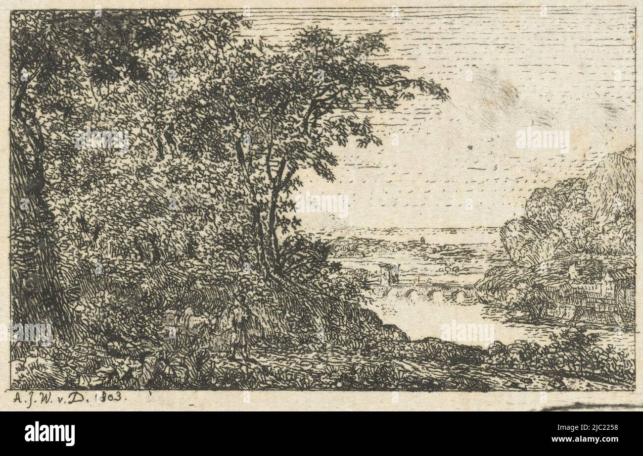 Landschaft mit Bäumen am Flussufer, Druckerei: Adriaan Jacob Willem van Dielen, (auf Objekt erwähnt), Niederlande, 1803, Papier, Ätzung, H 61 mm × B 88 mm Stockfoto