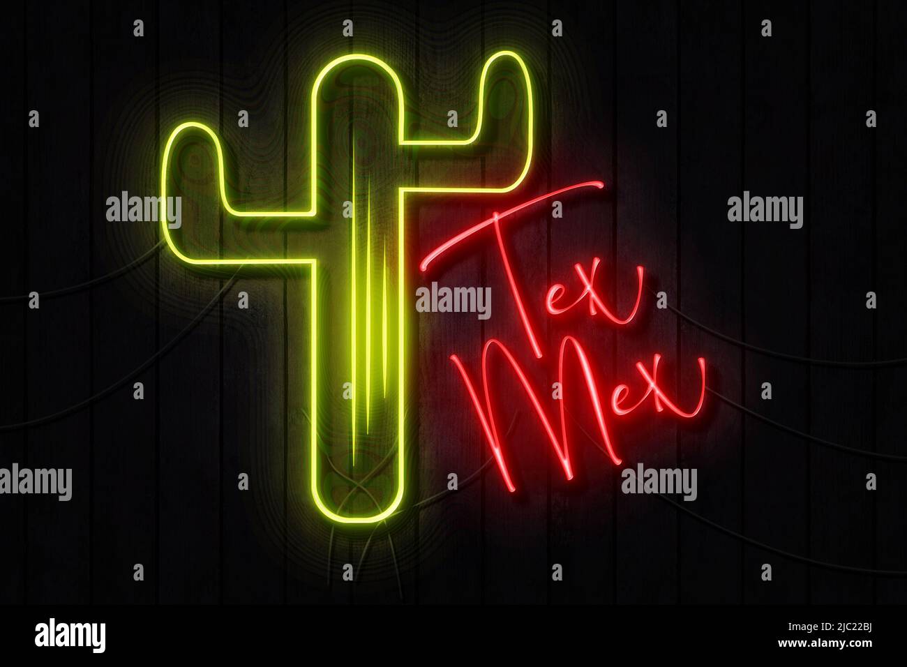 Tex Mex Neon Zeichen auf einer dunklen Holzwand Stockfoto