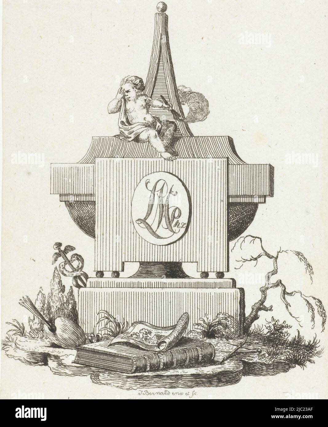Trauerdenkmal mit Trauerengel. Auf dem Denkmal eine Gedenktafel mit dem Monogramm L.M.PHZ. (Louis Metayer Phz.) Vor dem Grab auf dem Boden ist ein Buch mit einer Zeichnung und einer Malerpalette, Begräbnismonument mit weinenden Engel, Druckerei: Jean Bernard, (auf Objekt erwähnt), Jean Bernard, (auf Objekt erwähnt), Amsterdam, 1799, Papier, Radierung, H 184 mm × B 106 mm Stockfoto Trauerdenkmal mit Trauerengel. Auf dem Denkmal eine Gedenktafel mit dem Monogramm L.M.PHZ. (Louis Metayer Phz.) Vor dem Grab auf dem Boden ist ein Buch mit einer Zeichnung und einer Malerpalette, Begräbnismonument mit weinenden Engel, Druckerei: Jean Bernard, (auf Objekt erwähnt), Jean Bernard, (auf Objekt erwähnt), Amsterdam, 1799, Papier, Radierung, H 184 mm × B 106 mm Stockfoto