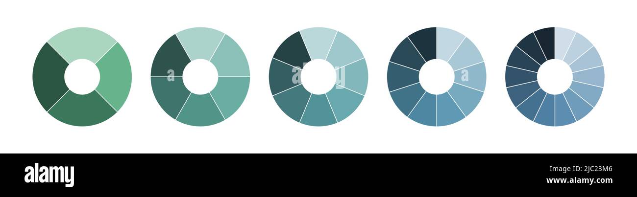 Satz von Kreisdiagrammen. Kreise, die auf 4, 6, 8, 10 und 14 Scheiben mit leerer Mitte geschnitten werden. Schattierungen von Grün und Blau Verlauf auf weißem Hintergrund, einfache f Stock Vektor