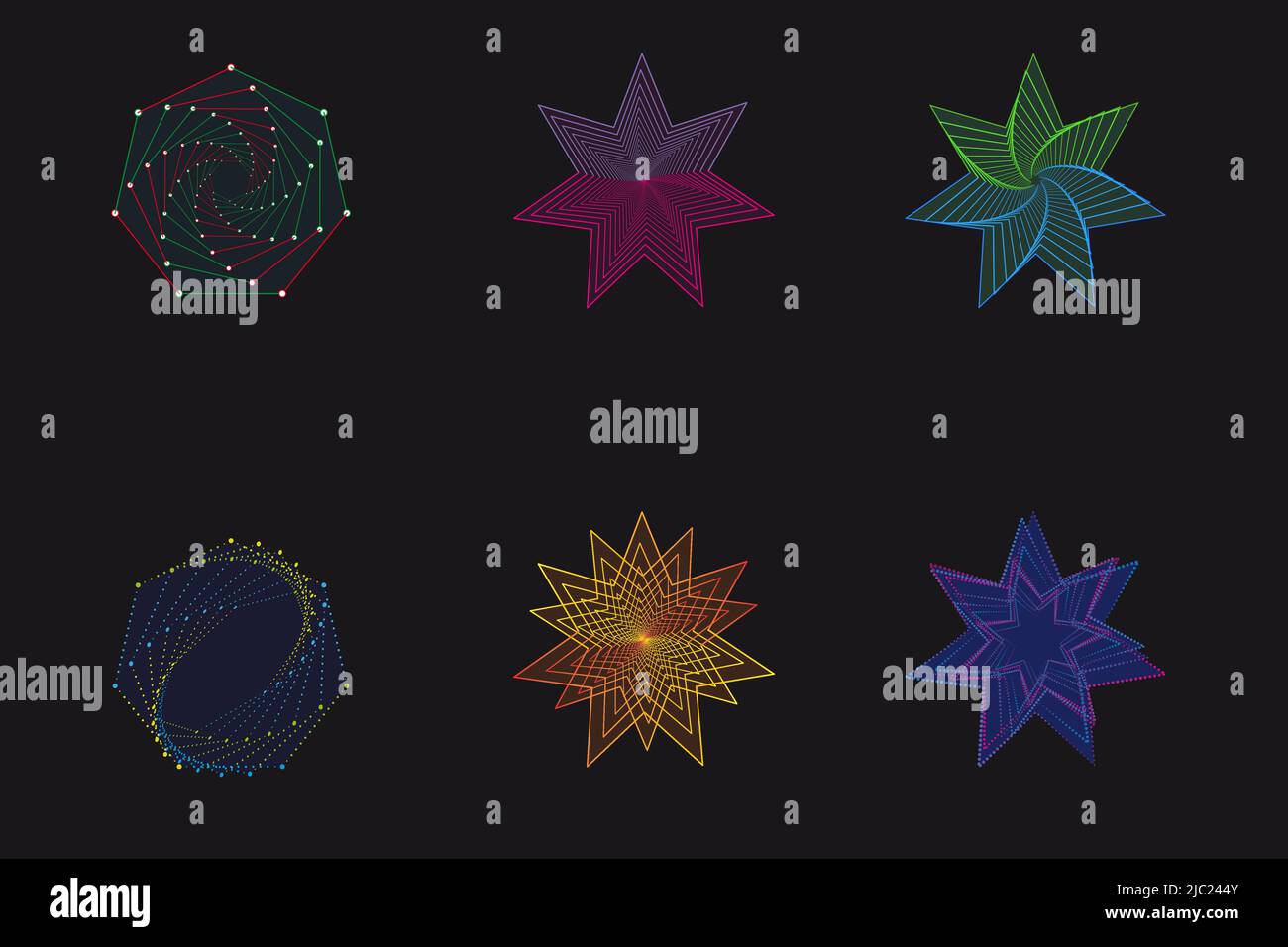 Set von Spiralen Sterne Linie Kunst, Design-Elemente, Linie abstrakte Muster. Spiralwirbel, Drehlinie, Wirbel . Vektorvorlagen von geometrischen radialen Stock Vektor
