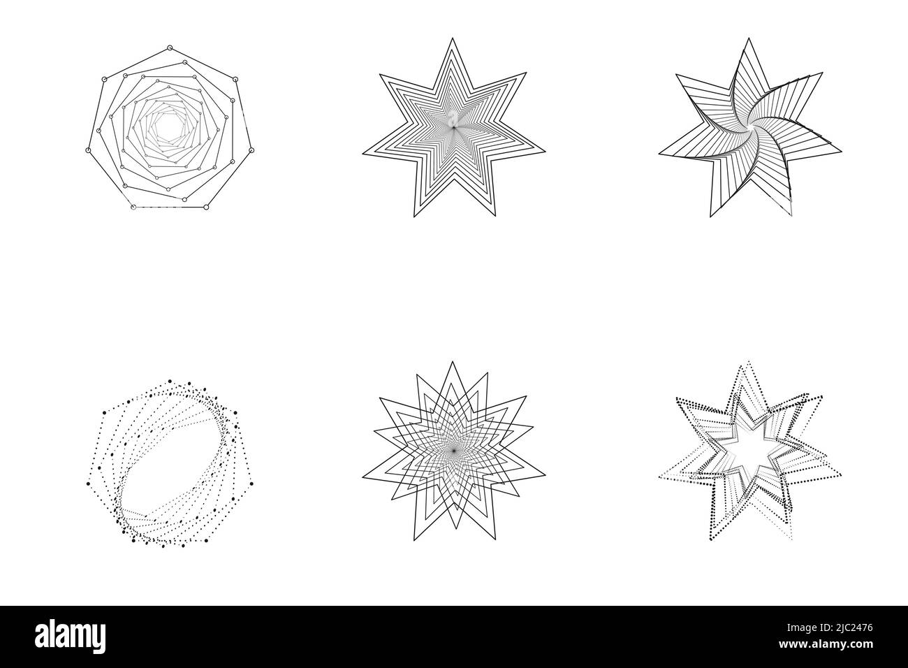 Set von Spiralen Sterne Linie Kunst, Design-Elemente, Linie abstrakte Muster. Spiralwirbel, Drehlinie, Wirbel . Vektorvorlagen von geometrischen radialen Stock Vektor