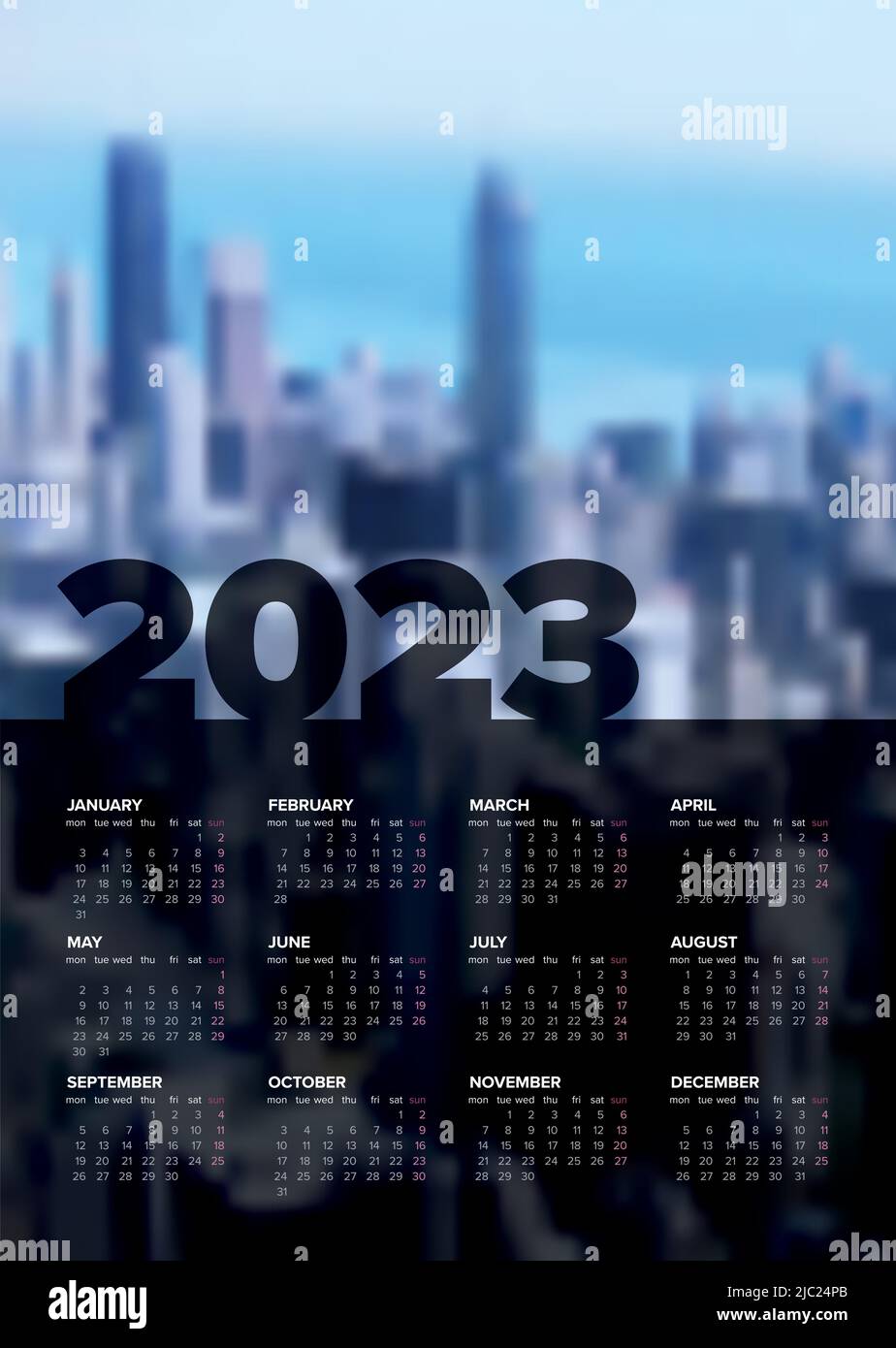 Vektor schwarz vertikale Kalender Layout-Vorlage für das Jahr 2023 (Wochen strart montag) mit Platz für Ihr Foto. Dunkle Vorlage mit allen Kalender mont Stock Vektor