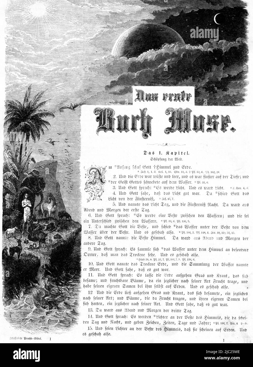 Die Bibel, Alte Testament, Erstes Buch Mose, Genesis, Eröffnung des Kapitels 1, Verse 1 bis 15, historische Illustration 1850 Stockfoto