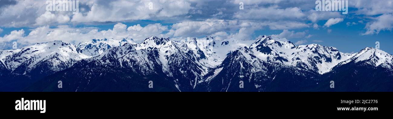 Schneebedeckte Berggipfel im Olympic National Park von der Straße aus gesehen. Stockfoto
