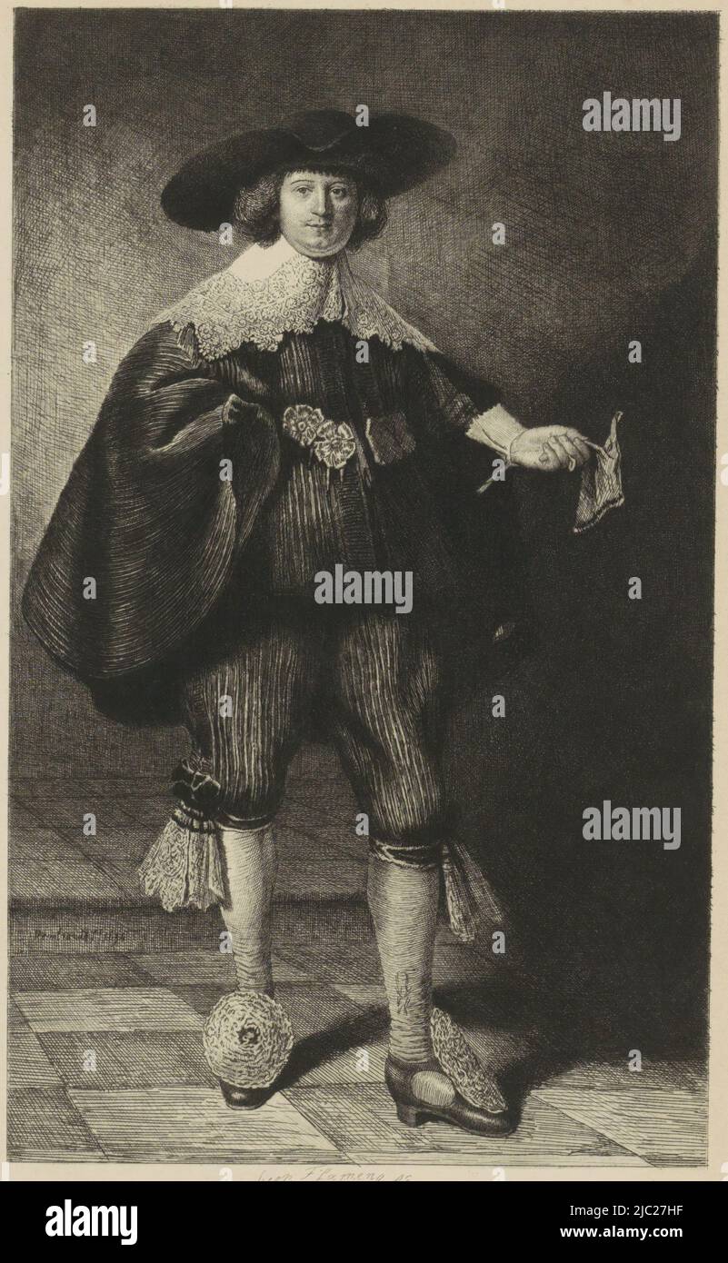 Porträt von Marten Soolmans, Druckerei: Léopold Flameng, (auf Objekt erwähnt), nach: Rembrandt van Rijn, (auf Objekt erwähnt), 1841 - 1879, Papier, Radierung, Trockenpunkt, H 265 mm - B 171 mm Stockfoto