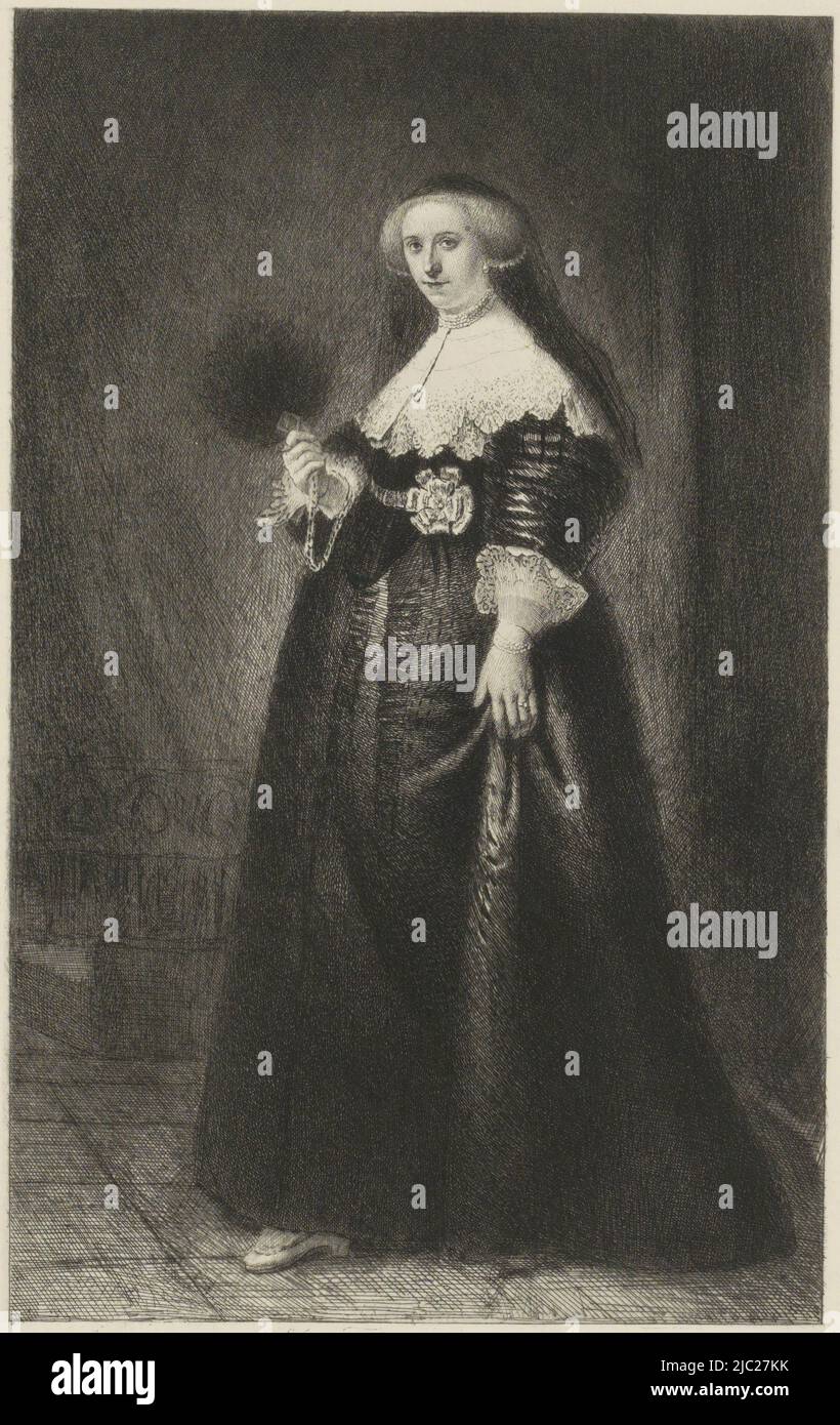 Porträt von Oopjen Coppit, Druckerei: Léopold Flameng, (auf Objekt erwähnt), nach: Rembrandt van Rijn, (auf Objekt erwähnt), 1841 - 1879, Papier, Radierung, Trockenpunkt, H 264 mm - B 172 mm Stockfoto