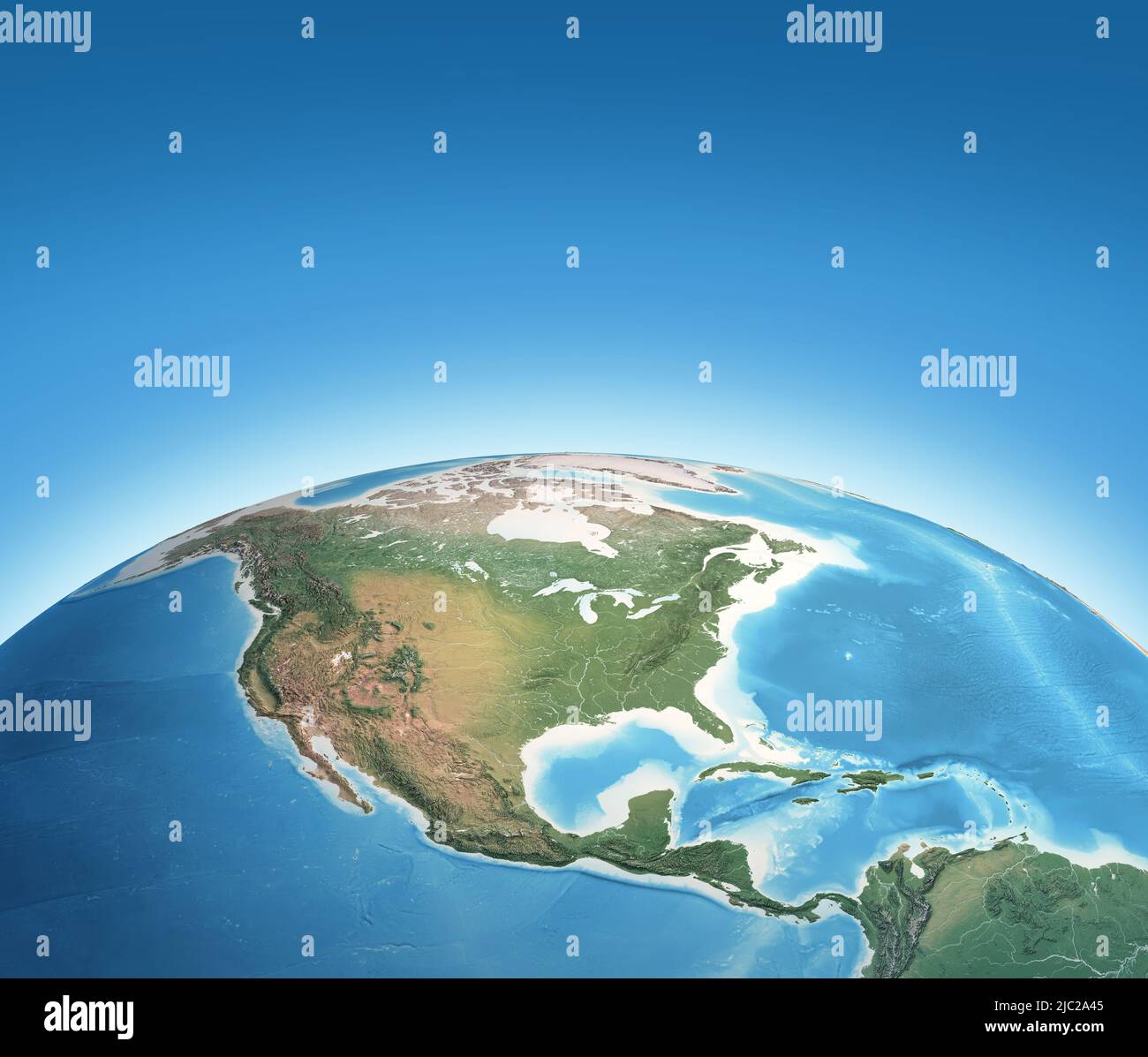 Physische Karte des Planeten Erde mit Fokus auf Nordamerika, USA, Kanada, Mexiko und Mittelamerika. 3D Illustration - von der NASA eingerichtete Elemente Stockfoto