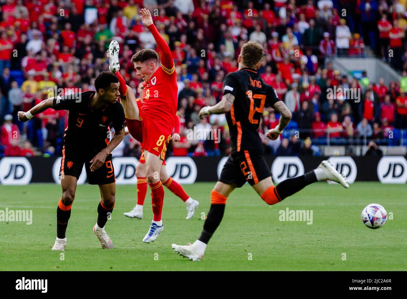 CARDIFF, WALES - 08. JUNI 2022: Der walisische Harry Wilson und der niederländische Cody Gakpo während der League A 2022 Nations League zwischen Wales und den Niederlanden am 8.. Juni 2022 im Cardiff City Stadium. (Bild von John Smith/FAW) Stockfoto