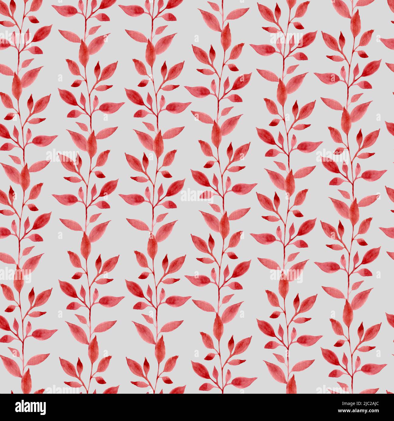 Aquarellmuster mit roten Blättern in vertikaler Richtung. Rote Blätter auf grauem Hintergrund. Design für Stoff und Druck auf Papier. Ein statisches Muster. Stockfoto