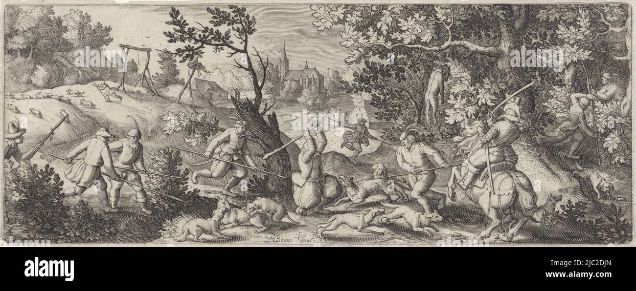 Hunde, Männer mit Speeren und Keulen und ein Mann auf dem Pferderücken treiben ein Rudel Wölfe. Einer der Wölfe hängt in einem Baum. Im Hintergrund ein Antrieb durch einen Galgen und ein Rad. Dahinter eine Kirche und ein Bauernhof, Wolvenjacht Jachttaferelen (Jagdszenen) (Serientitel), Druckerei: Pieter Serwouters, David Vinckboons (I), (Objektbezeichnung), Verleger: Claes Jansz. Visscher (II), Amsterdam, 1612, Papier, Gravur, H 103 mm × B 272 mm Stockfoto