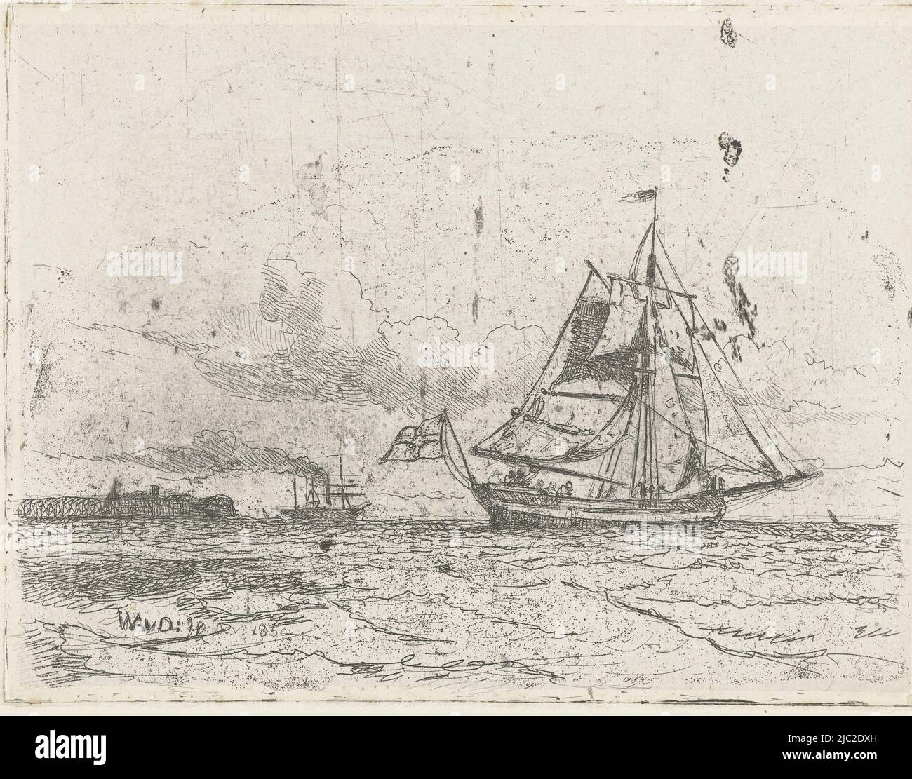 Seascape mit Segelschiff, Druckerei: Willem Anthonie van Deventer, (auf Objekt erwähnt), Niederlande, 1850 Stockfoto