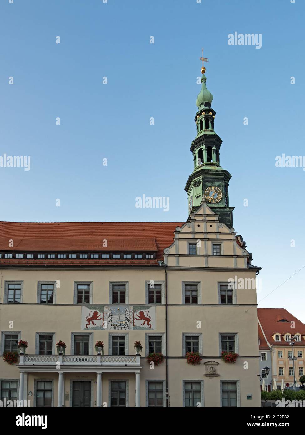 Pirna, Sachsen, Deutschland - 18. September 2019: Außenansicht des Rathauses der Stadt Pirna. Stockfoto