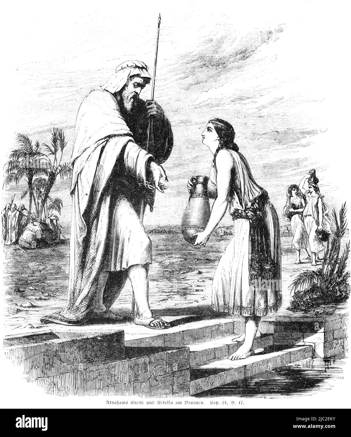 Die Bibel, Altes Testament, 1 Mose, 1 Mose, Kapitel 24, Vers 17, historische Illustration 1850,´s Diener Abrahams und Rebekka am Brunnen Stockfoto