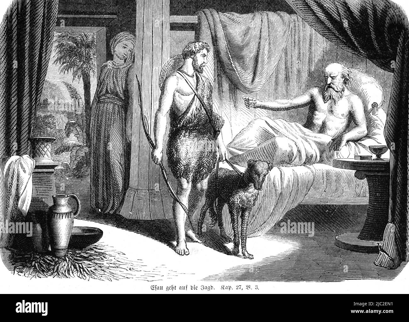 Die Bibel, Altes Testament, Erstes Buch Mose, 1 Mose, Kapitel 27, Vers 3, historische Illustration 1850 Stockfoto