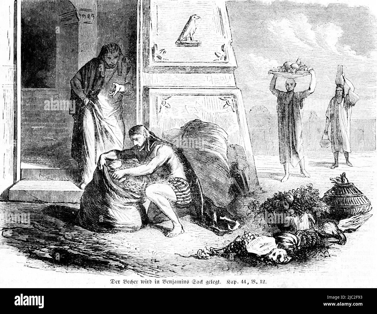 Die Bibel, Altes Testament, Erstes Buch Mose, 1 Mose, Kapitel 44, Vers 12, historische Illustration 1850, wird in Benjamins´s Sack gelegt Stockfoto