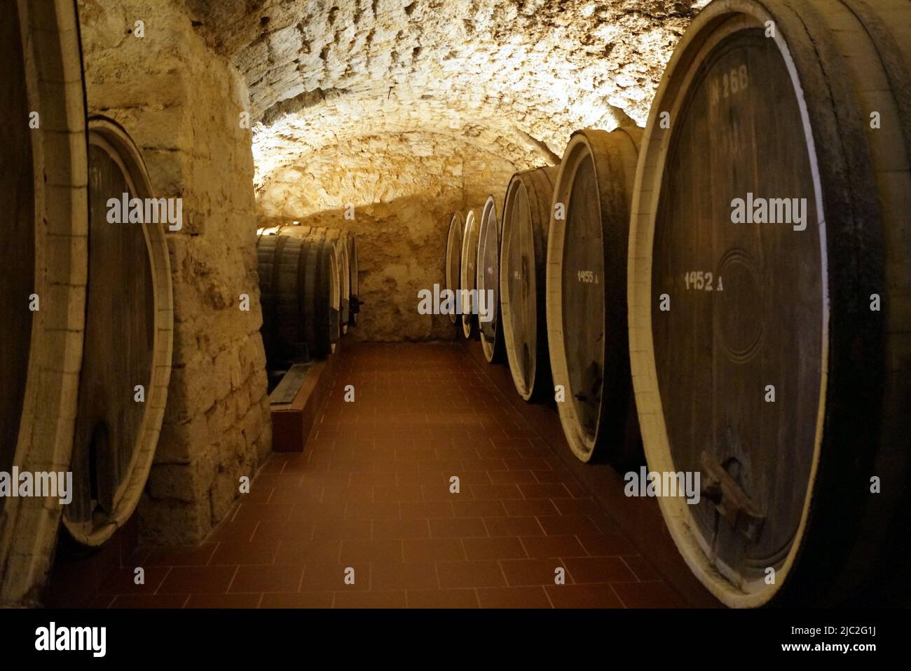 Weinfässer im gewölbten Steinkeller, Shabo Winemaking Enterprise, Oblast Odessa, Ukraine Stockfoto