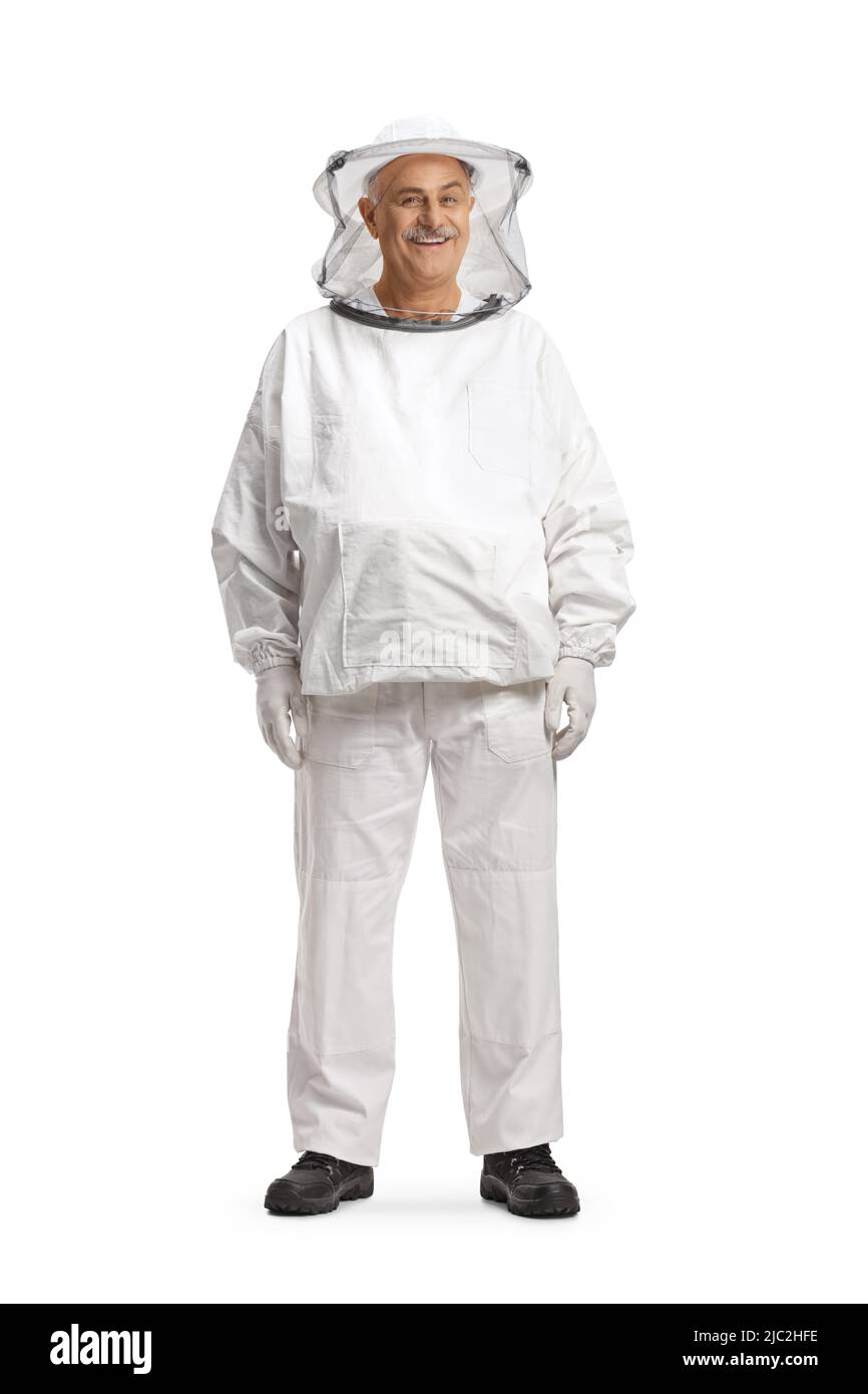 Ganzkörperportrait eines männlichen Bienenhalters in einer Uniform isoliert auf weißem Hintergrund Stockfoto