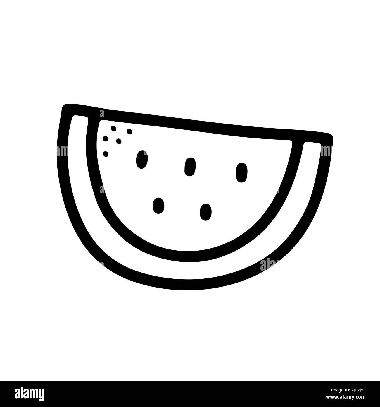 Wassermelonenscheibe isoliert auf weißem Hintergrund. Doodle Kawaii frisches Obst. Skizzieren Sie helle Sommergerichte. Handgezeichnetes Sweet Treat-Bild. Cute Line Semicirc Stock Vektor