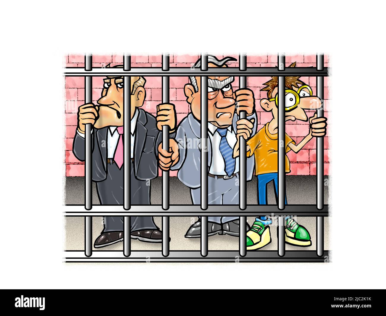 Kunst von 3 Männern hinter Gittern, 2 in Anzügen, ein Geek/Hacker, illustriert das Konzept der Unternehmenskriminalität, die von Wirtschaftsfachleuten begangen wird Stockfoto
