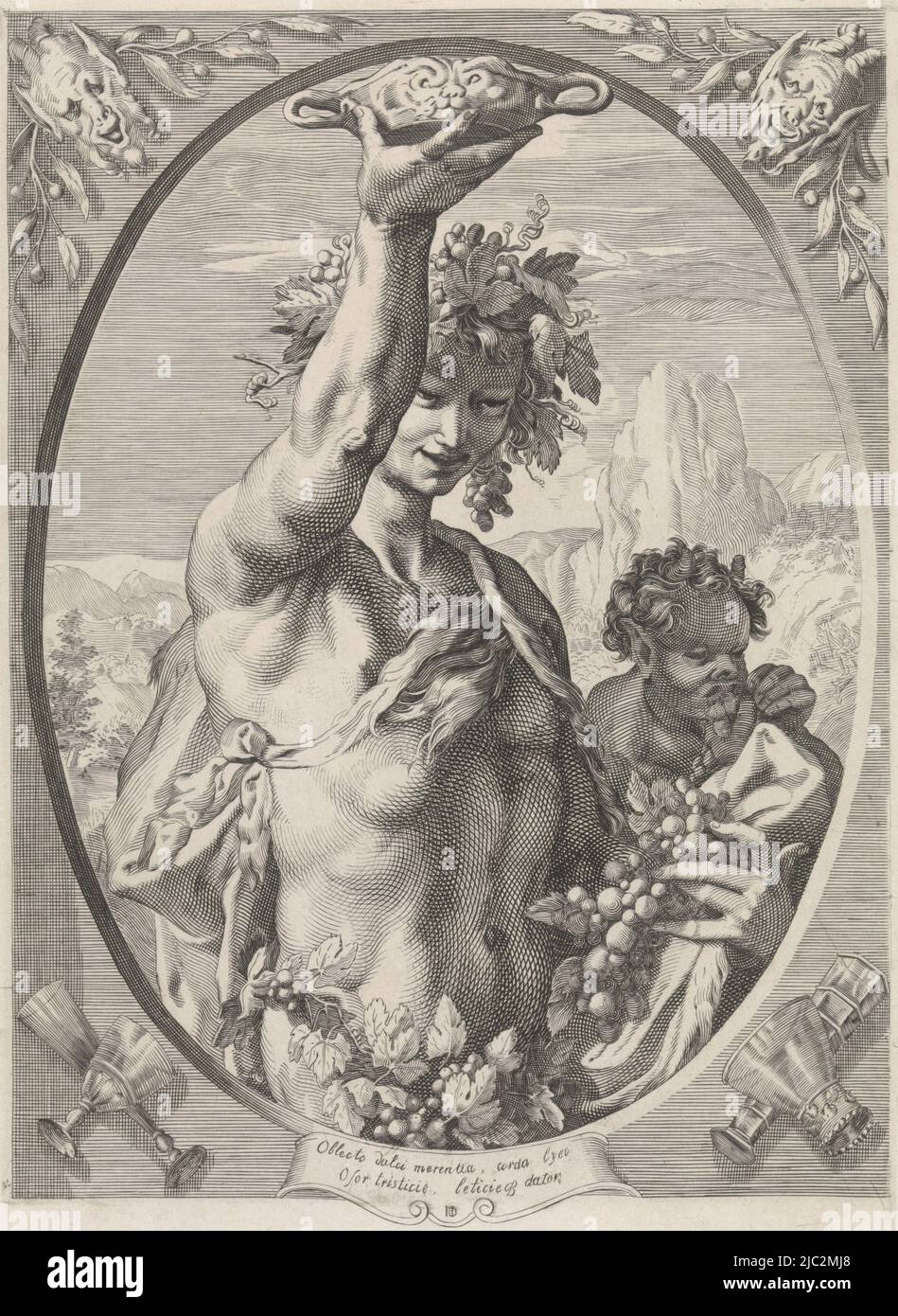 Bacchus als gott des Weines, mit Weinkelch und Trauben. In ovalem Zierrahmen., Bacchus, Druckerei: Edouard Tyrel, Jan Saenredam, Hendrick Goltzius, (auf Objekt erwähnt), 1832 - 1880, Papier, Gravur, Radierung, H 257 mm × B 195 mm Stockfoto