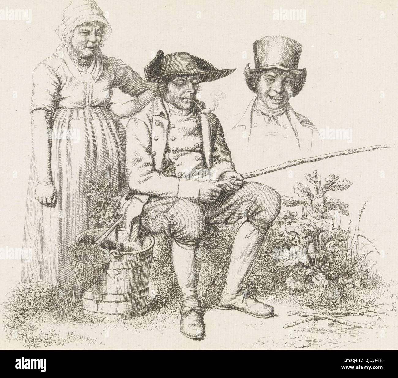 Arbeitsblatt mit einem sitzenden Fischer, der eine Pfeife raucht, einer alten Frau, die mit der Hand in der Seite steht und einer Büste eines Mannes mit einem Hut, Arbeitsblatt mit einem Fischer, einer Frau und einer Büste eines Mannes Arbeitsgrafik / Etudes grav, Druckerei: Jacob Ernst Marcus, Amsterdam, Sep-1812, Papier, Radierung, H 189 mm × B 231 mm Stockfoto