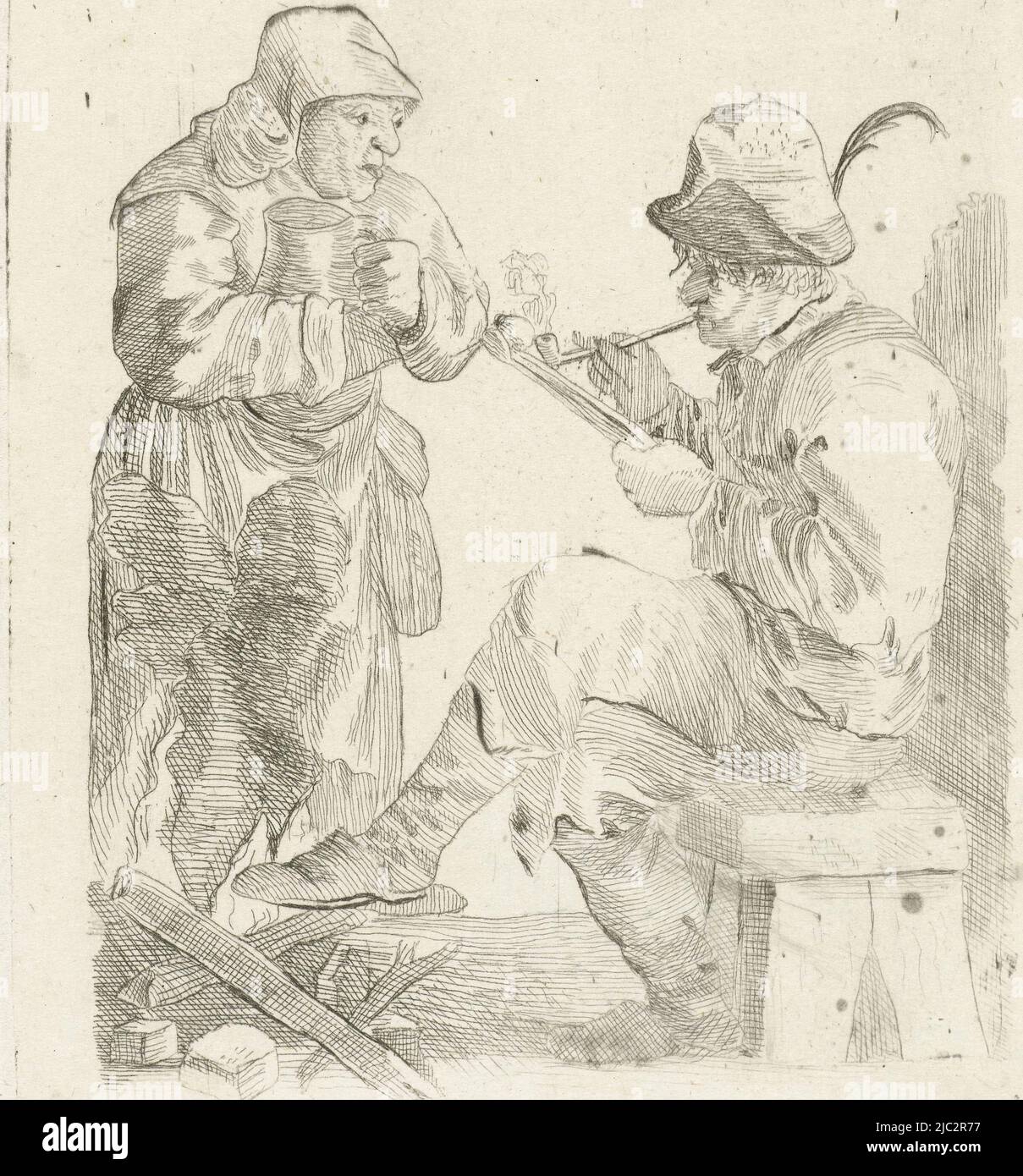 Ein Mann, der einen Hut und Hausschuhe trägt, zündet seine Pfeife mit einer Kohle an, die zwischen die Zange geklemmt ist. In der Nähe seiner Füße brennt ein Feuer. Neben ihm steht eine Frau mit einem Krug in den Armen, rauchender Mann, Druckerei: Adalbertus Engelsmet, (signiert vom Künstler), Haarlem, 1802 - 1872, Papier, Ätzung, H 110 mm × B 96 mm Stockfoto