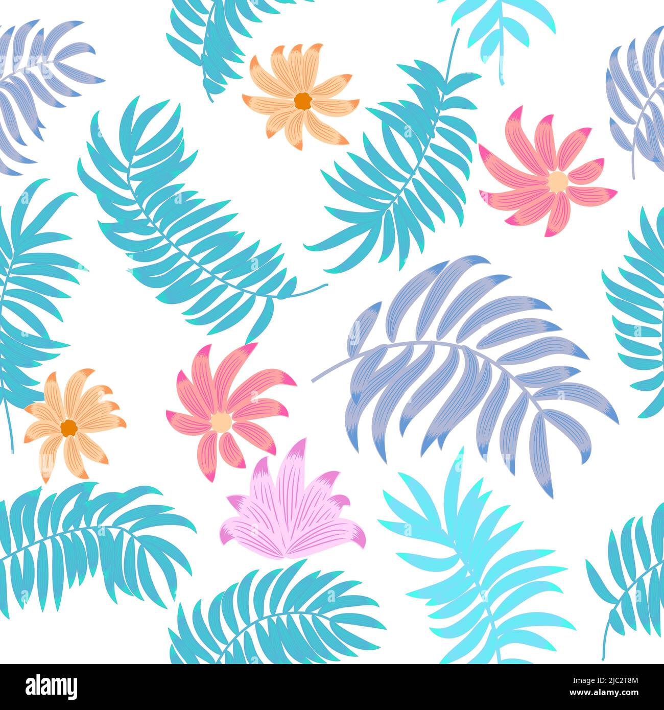 Nahtloses Muster mit dekorativen blauen Blättern und Blüten. Tropischer Vektor Hintergrund, Dschungel Tapete. Stock Vektor