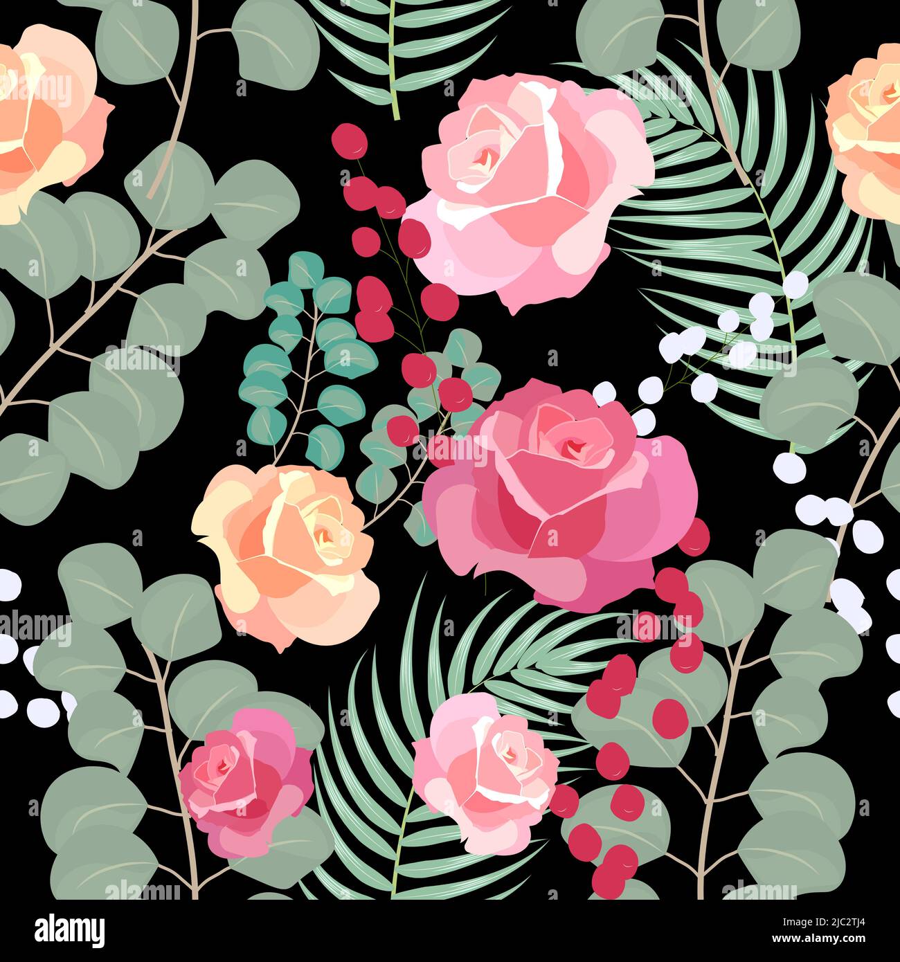 Nahtloses Muster mit Rosen und Eukalyptusblättern, Vektor-Hintergrund, Pflanzen, botanisches Design für Mode, Stoff, Tapete Stock Vektor