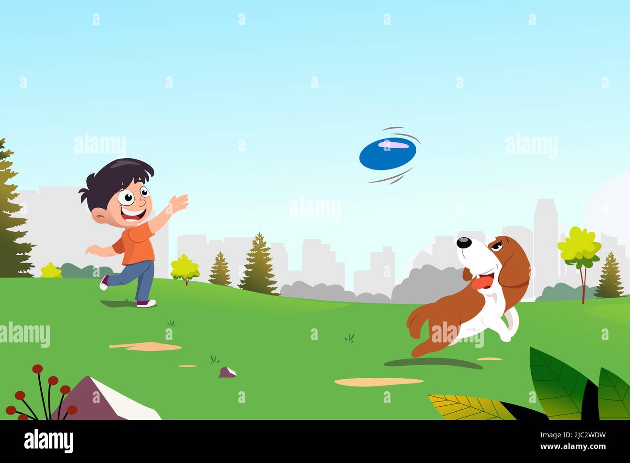 Eine Vektordarstellung des Jungen, der Frisbee mit seinem Hund wirft Stock Vektor