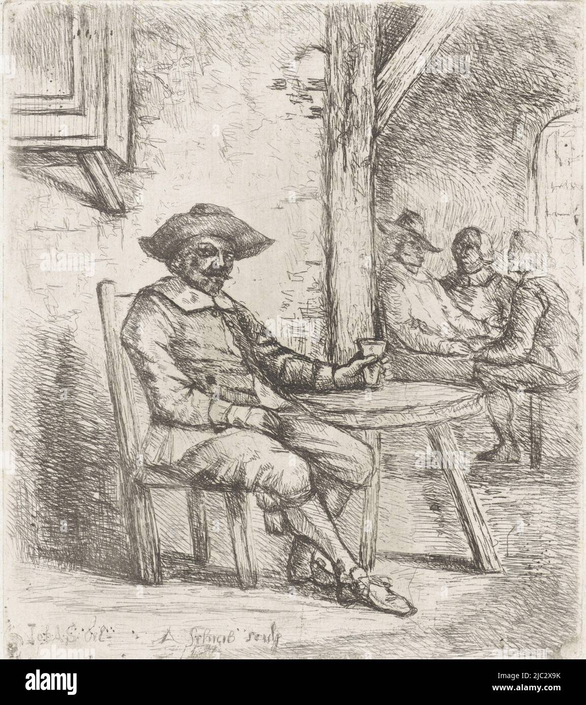 Ein Mann sitzt mit einem Glas in der Hand an einem Tisch in einer Herberge. Im Hintergrund drei Männer um einen Tisch., Inn, Druckerei: A. Schaub, (auf Objekt erwähnt), Zwischenzeichner: Johannes Adrianus Schultz, (auf Objekt erwähnt), 1830 - 1863, Papier, Radierung, H 147 mm × B 128 mm Stockfoto